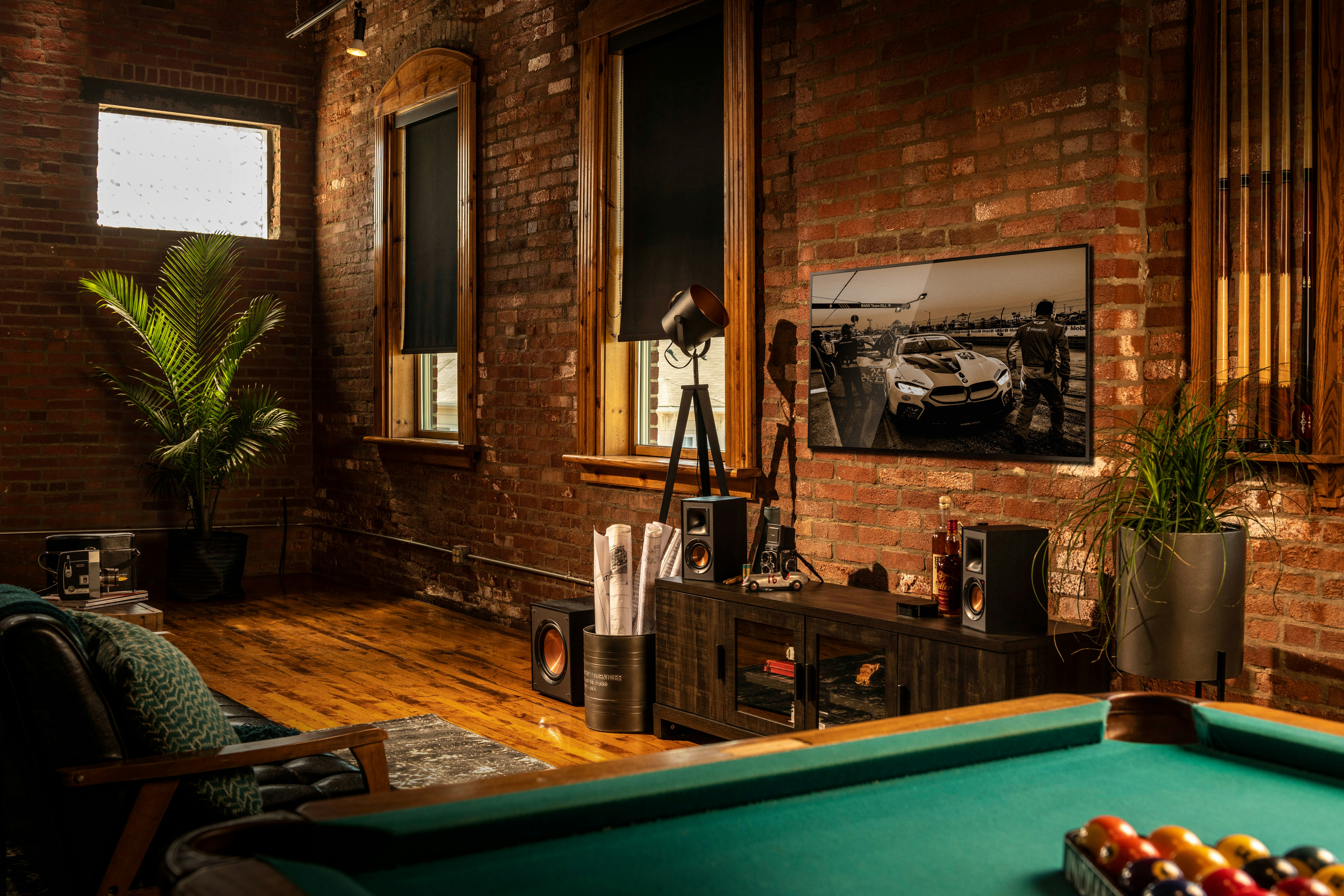 Klipsch Reference Powered Speakers in a living room with a pool table